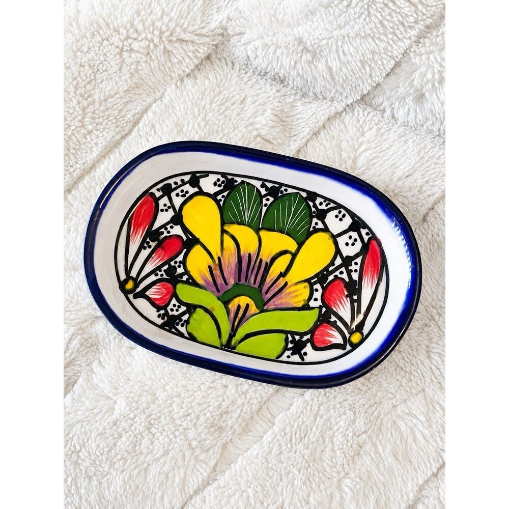 ALBA Mexico Multicolor Floral Hand-Painted Ceramic Soap Dish 6x4 Mexican Pottery